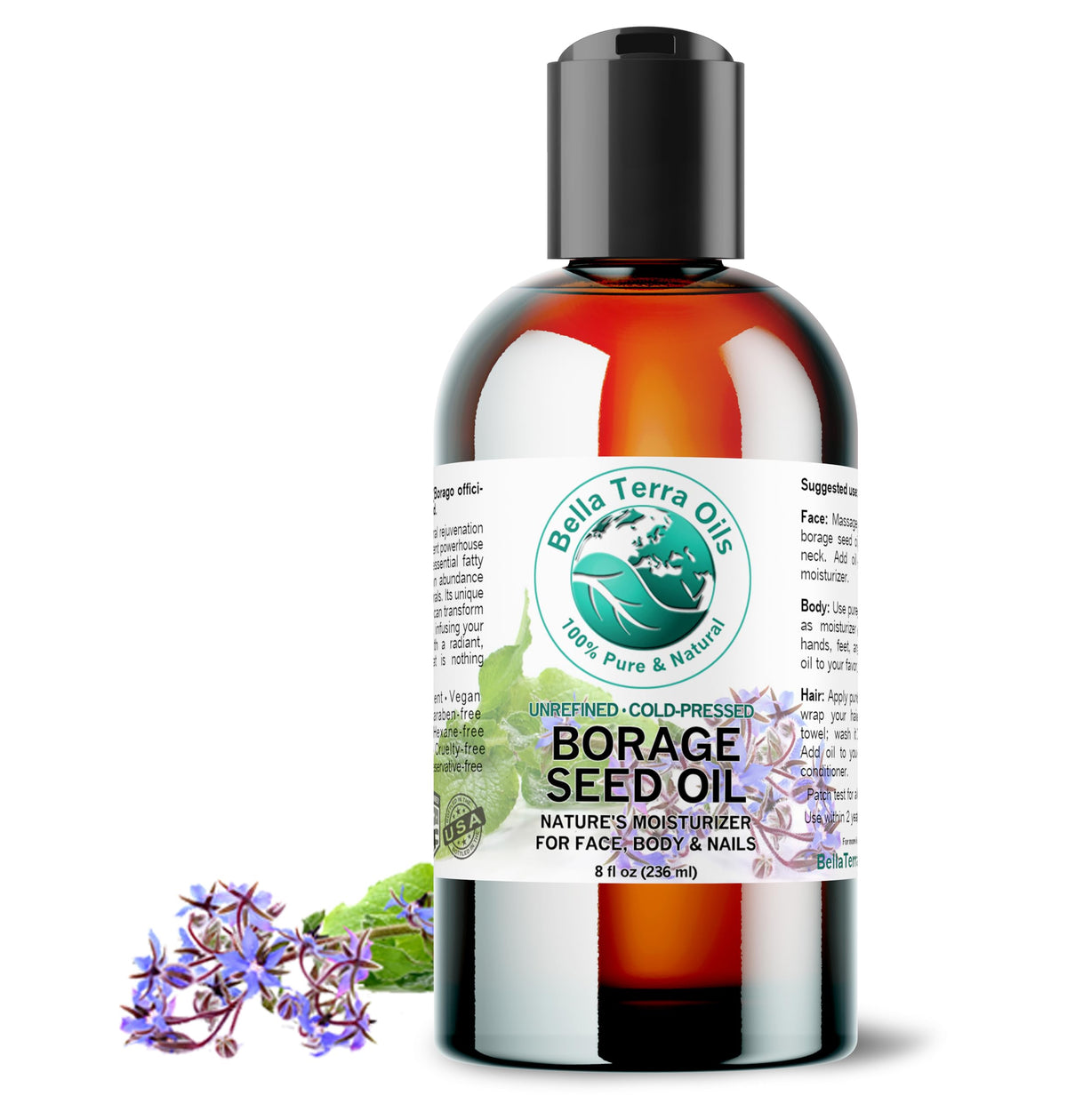 Bella Terra Oils Organic Borage Seed Oil bottle for skincare nourishment
