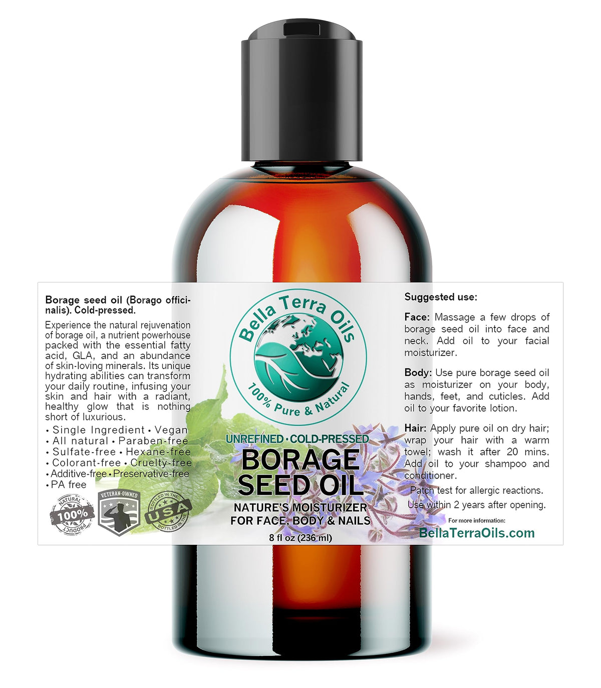 Bella Terra Oils label close-up showing cold-pressed formula