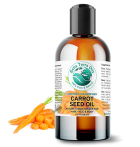 Bella Terra Oils organic carrot seed oil bottle ready for skincare rituals and hydration.