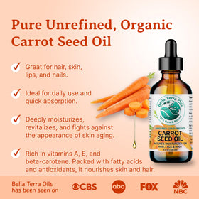 Bella Terra Oils organic carrot seed oil bottle with label highlights purity and cold-pressed method.