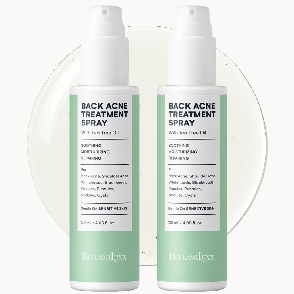 BellamiLuxx Back & Body Acne Spray bottle for easy back application and pore clarity.