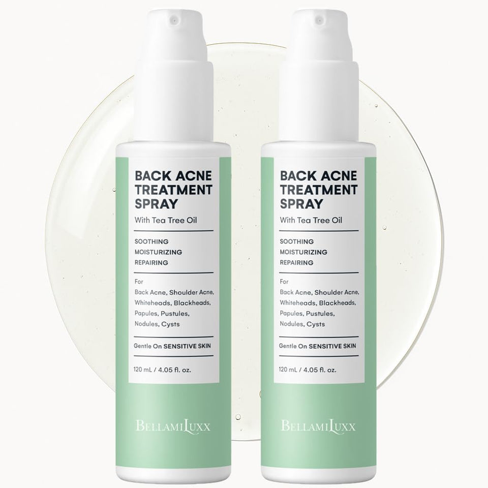 BellamiLuxx Back & Body Acne Spray bottle for easy back application and pore clarity.