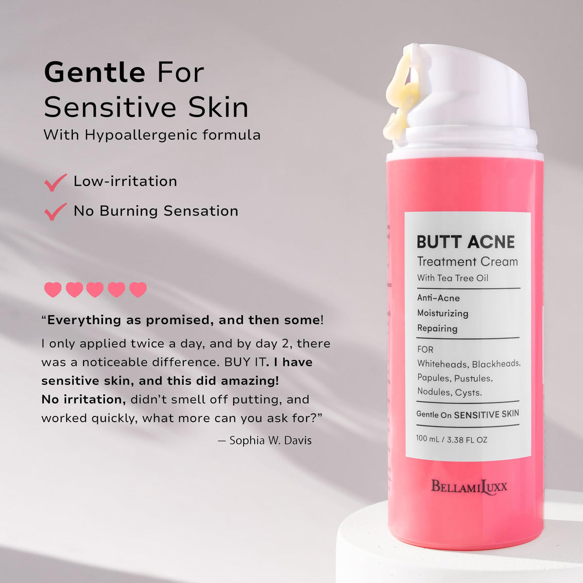 BellamiLuxx butt acne lotion texture close-up shows moisture