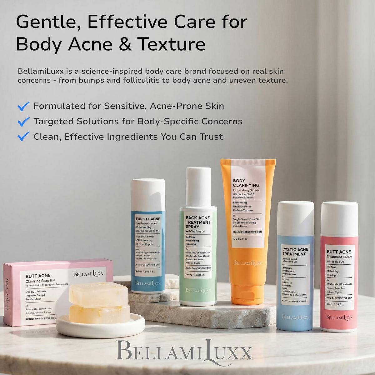 BellamiLuxx Folliculitis Lotion bathroom setup suggesting easy daily skincare routine.
