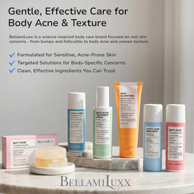 BellamiLuxx Folliculitis Lotion bathroom setup suggesting easy daily skincare routine.