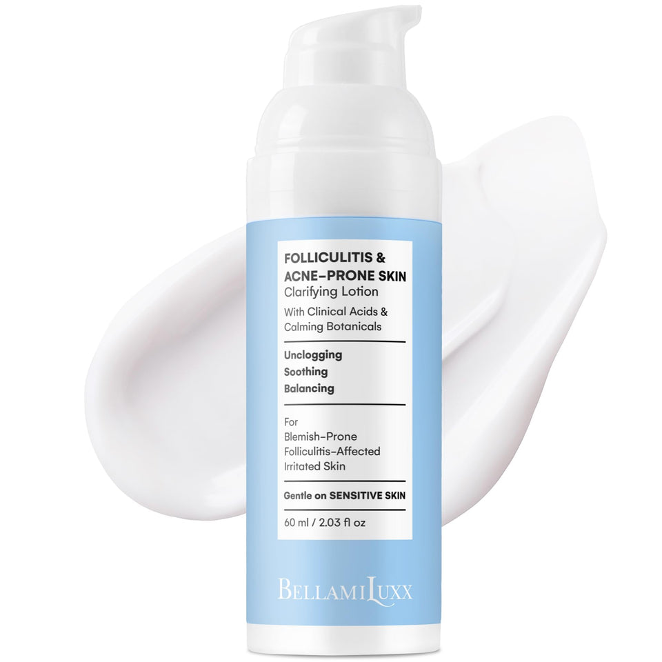 BellamiLuxx Folliculitis Lotion bottle for daily body care and gentle pore refinement.