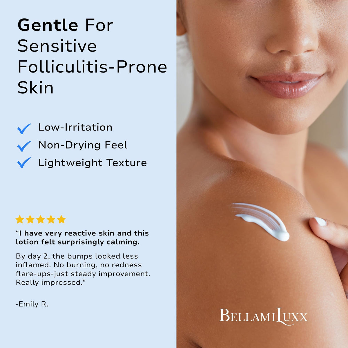 BellamiLuxx Folliculitis Lotion close-up on skin highlighting calm, balanced feel.