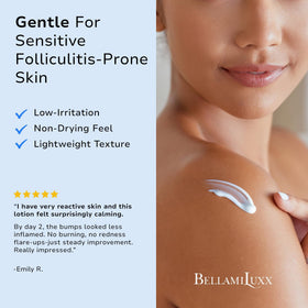 BellamiLuxx Folliculitis Lotion close-up on skin highlighting calm, balanced feel.