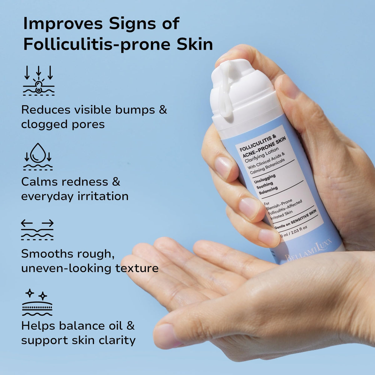 BellamiLuxx Folliculitis Lotion closeup-texture showing lightweight, non-greasy absorption.
