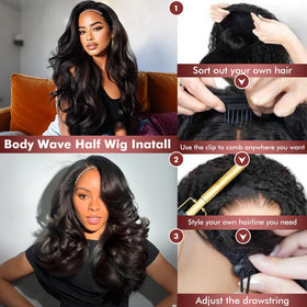 Bellarayine body wave half wig with seamless cap for easy blending.