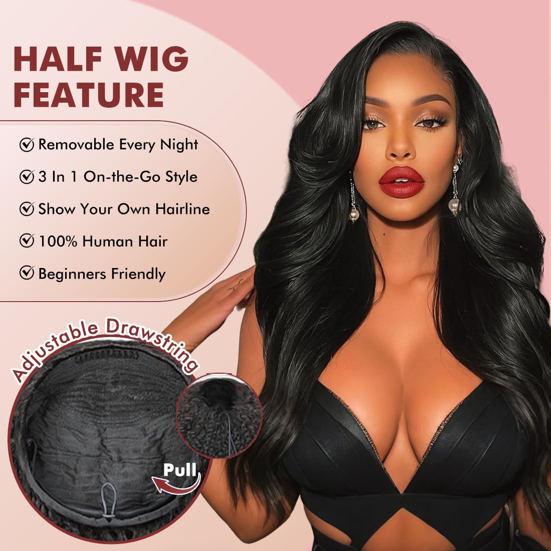 Bellarayine glueless half wig with drawstring closure for secure fit.
