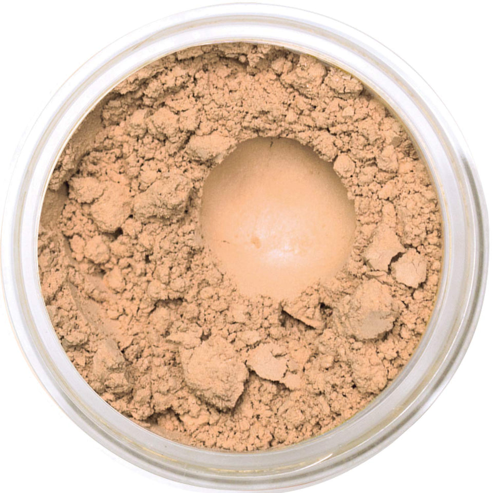 Bellaterra Nutmeg mineral foundation bottle closeup showing premium mineral formula