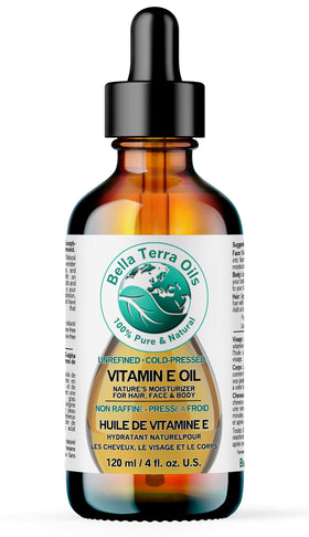 Bella Terra Oils Organic Vitamin E Oil 4 oz bottle for nourishing skin.