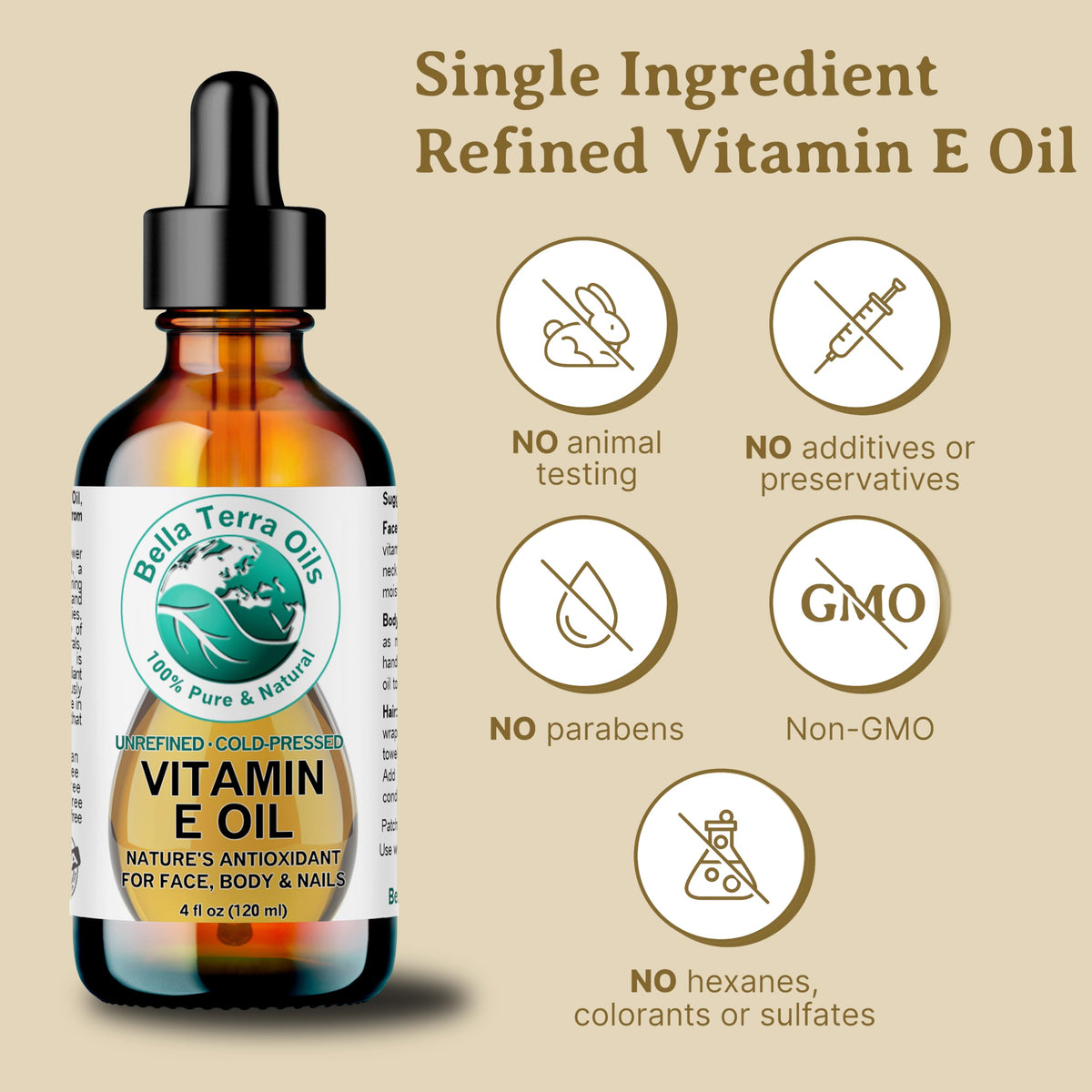 Bella Terra Oils Vitamin E Oil closeup shows clear golden liquid.