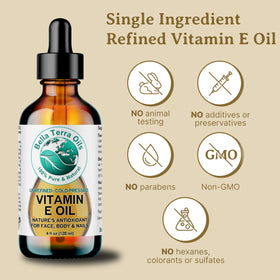 Bella Terra Oils Vitamin E Oil closeup shows clear golden liquid.