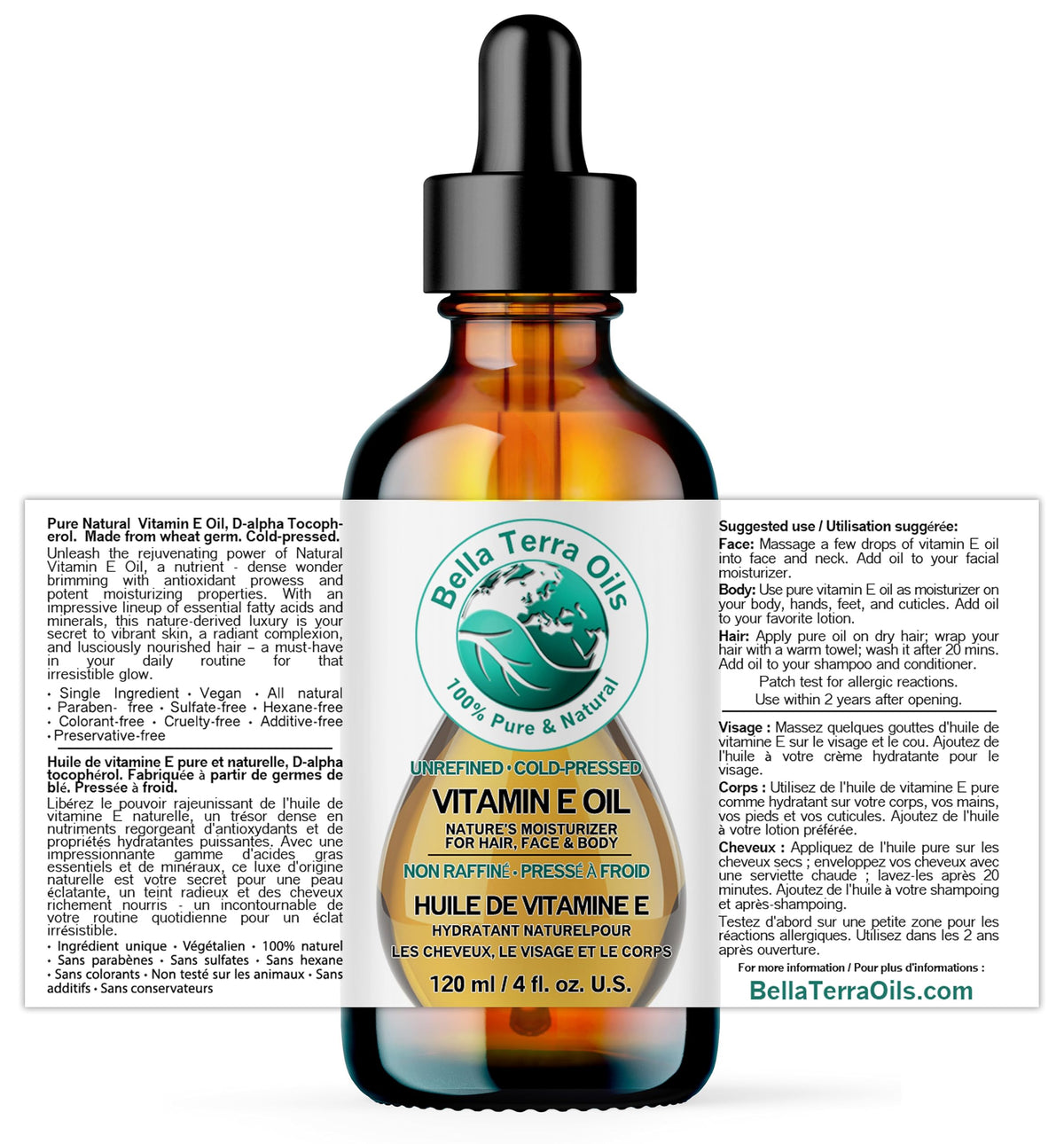 Bella Terra Oils Vitamin E Oil pour captures easy application and fast absorption.