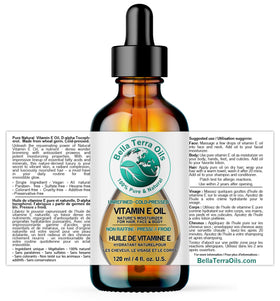 Bella Terra Oils Vitamin E Oil pour captures easy application and fast absorption.