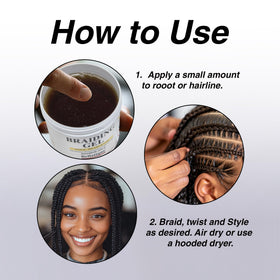 Bellatique Braiding Gel on natural hair delivering strong hold without flaking