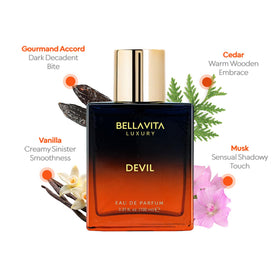 Bellavita Devil bottle front showcases luxury design for a unisex fragrance statement.