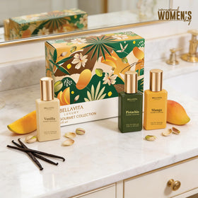 Bellavita Mango bottle close-up, juicy freshness for daytime wear.