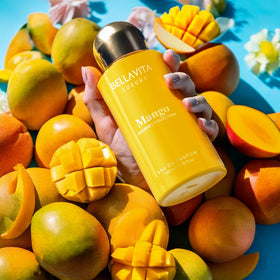 Bellavita Mango EDP base notes image emphasizes siam benzoin vanilla and sandalwood.