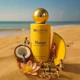 Bellavita Mango EDP bottle on mango fruit evokes tropical mood.