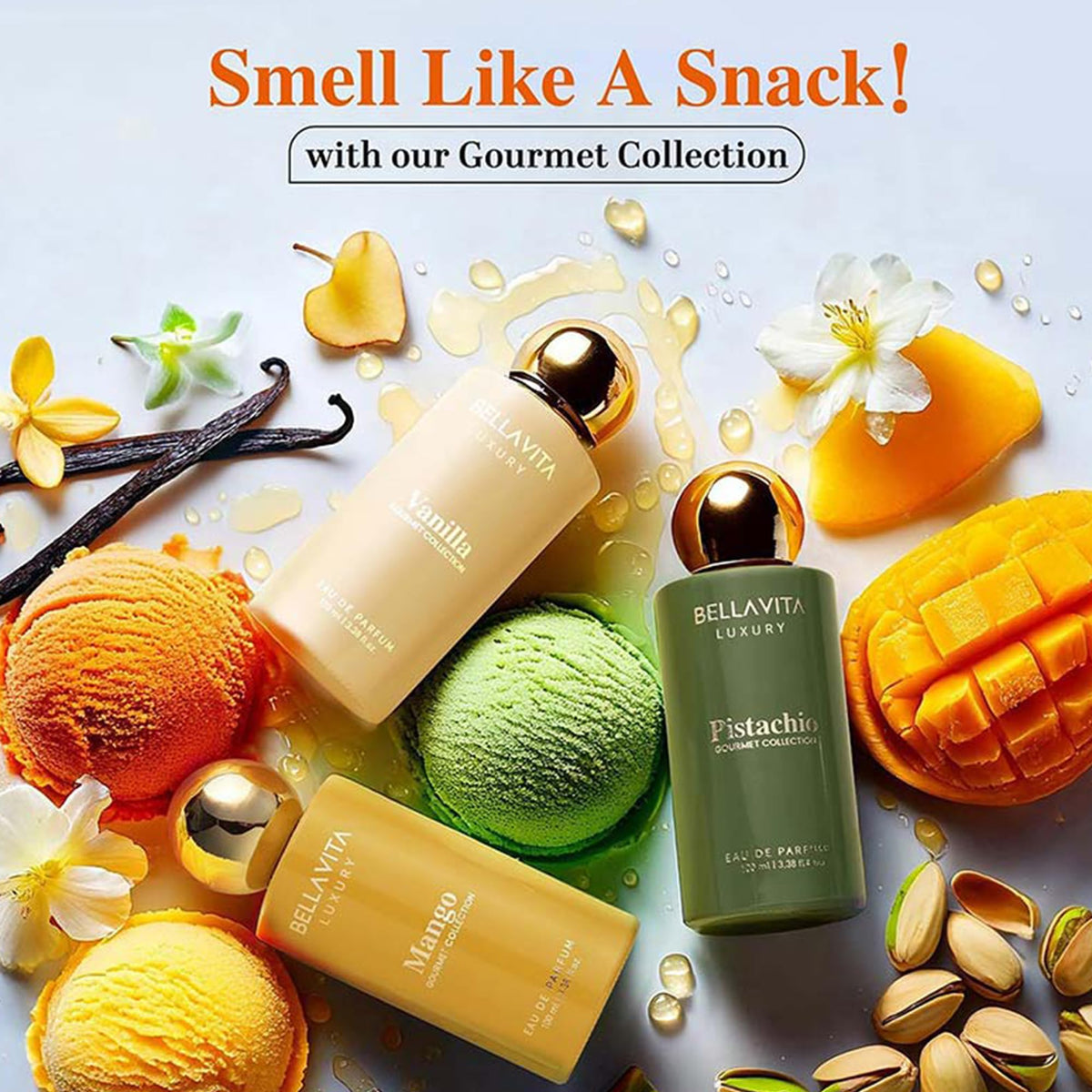 Bellavita Mango EDP close up shows rich golden hue of fragrance.