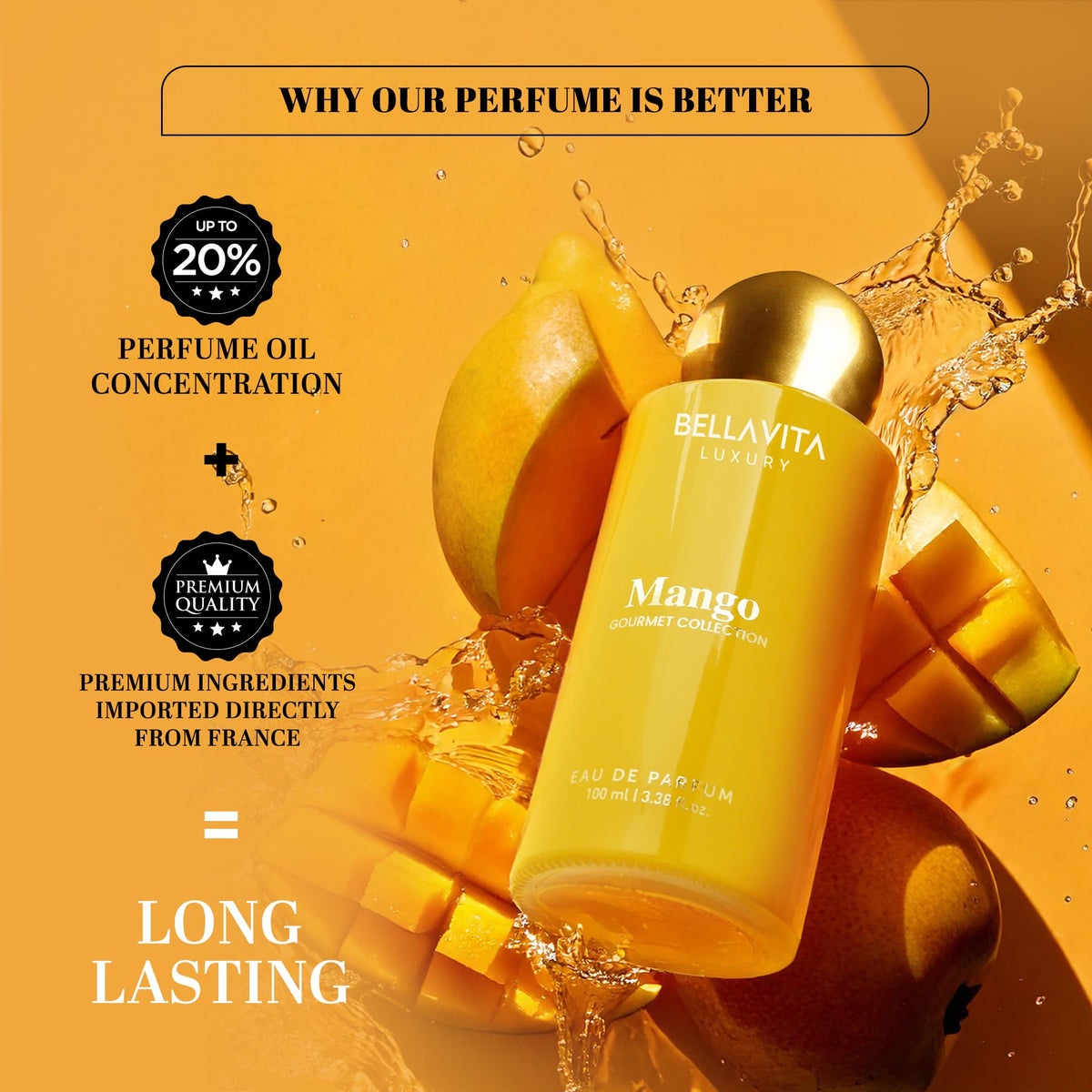 Bellavita Mango EDP heart notes image features ylang-ylang and coconut warmth.