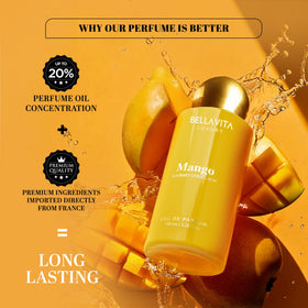 Bellavita Mango EDP heart notes image features ylang-ylang and coconut warmth.