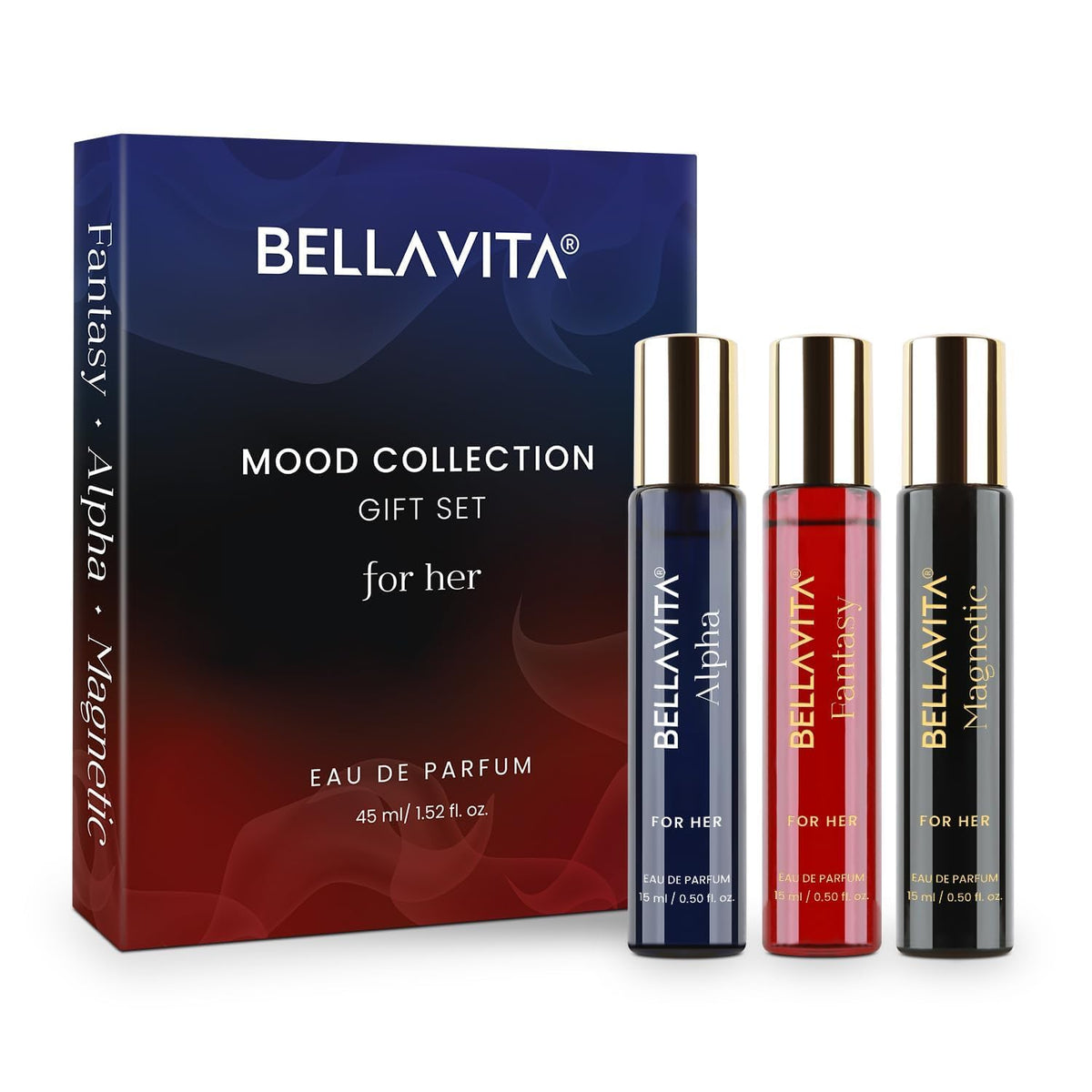 Bella Vita Mood Alpha bottle close-up, saffron-cedarwood notes for confidence