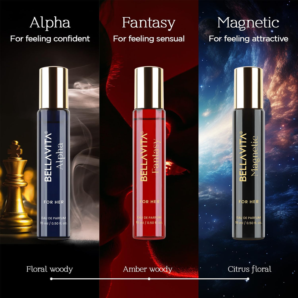 Bella Vita Mood Magnetic bottle on desk, warm sensual scent for evenings