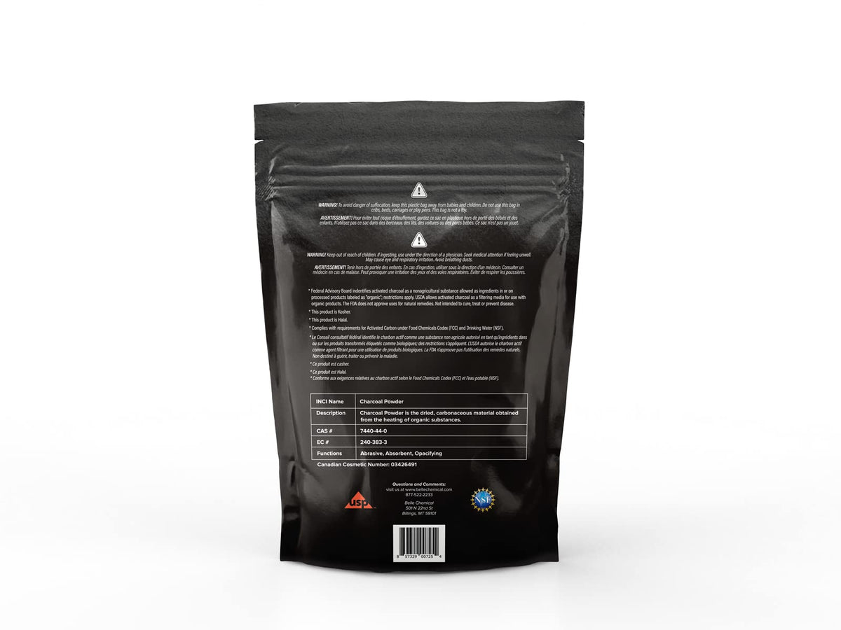 Close-up of Belle Chemical coconut activated charcoal powder showing fine texture for masks and scrubs