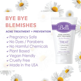 Belli Acne Control Spot Treatment label close-up highlighting vegan allergy-tested formula