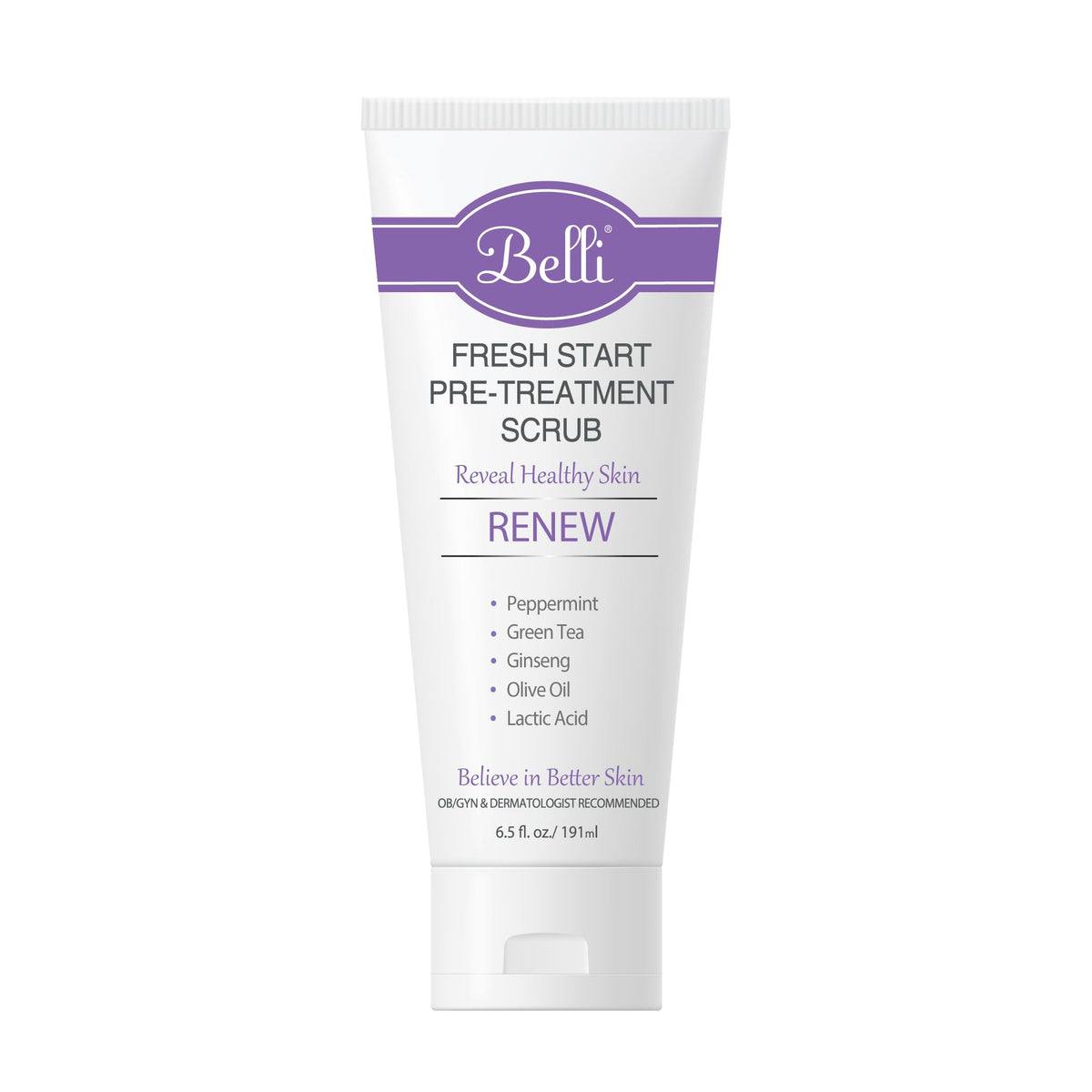 Belli Fresh Start Scrub packaging close-up, highlighting hypoallergenic, fragrance-free formula.
