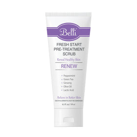 Belli Fresh Start Scrub packaging close-up, highlighting hypoallergenic, fragrance-free formula.