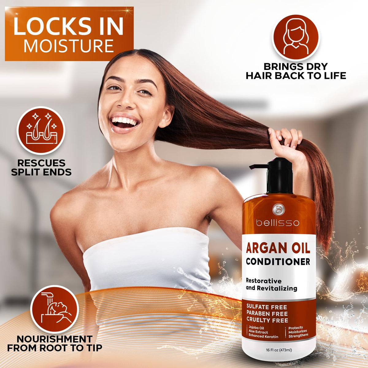 Bellisso Argan Oil Conditioner on damp hair helps lock in moisture and reduce frizz.