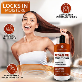 Bellisso Argan Oil Conditioner on damp hair helps lock in moisture and reduce frizz.