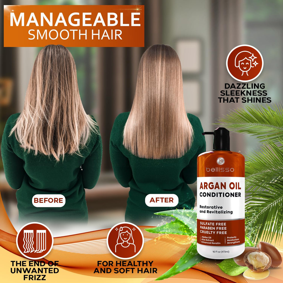 Bellisso Argan Oil Conditioner pump enables even distribution for quick, consistent conditioning.