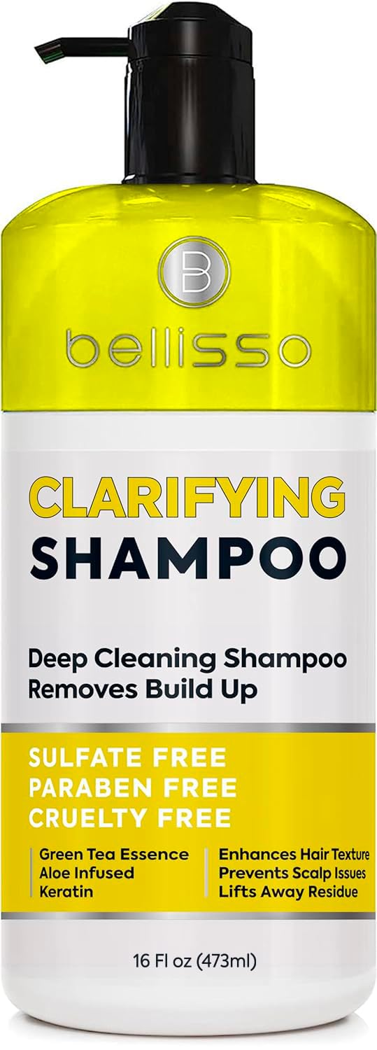 Bellisso clarifying shampoo bottle removes deep buildup for oily scalps with refreshing scent.