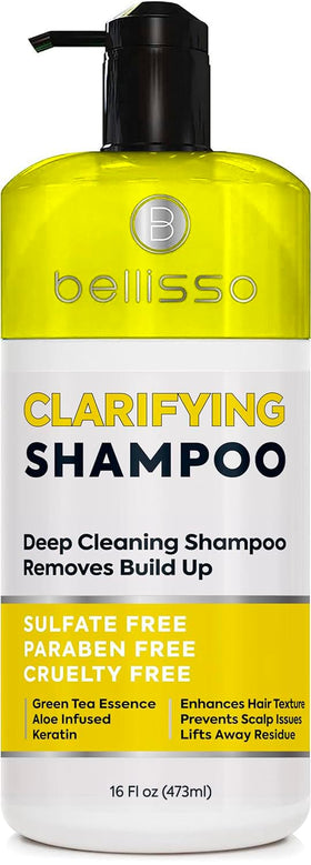 Bellisso clarifying shampoo bottle removes deep buildup for oily scalps with refreshing scent.
