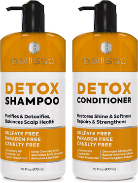 Bellisso detox shampoo bottle pours for removing buildup on oily hair