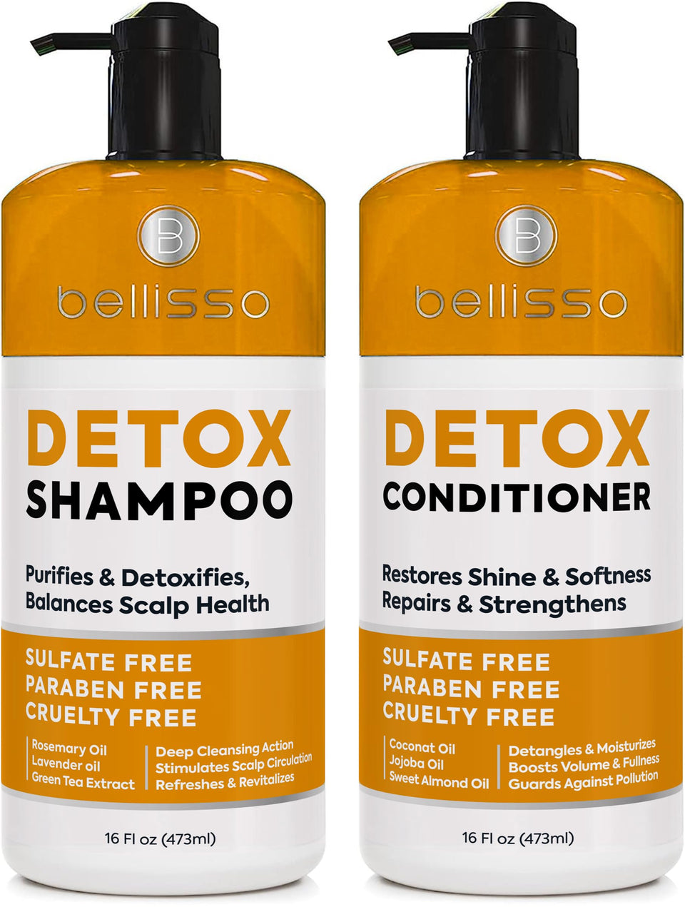 Bellisso detox shampoo bottle pours for removing buildup on oily hair