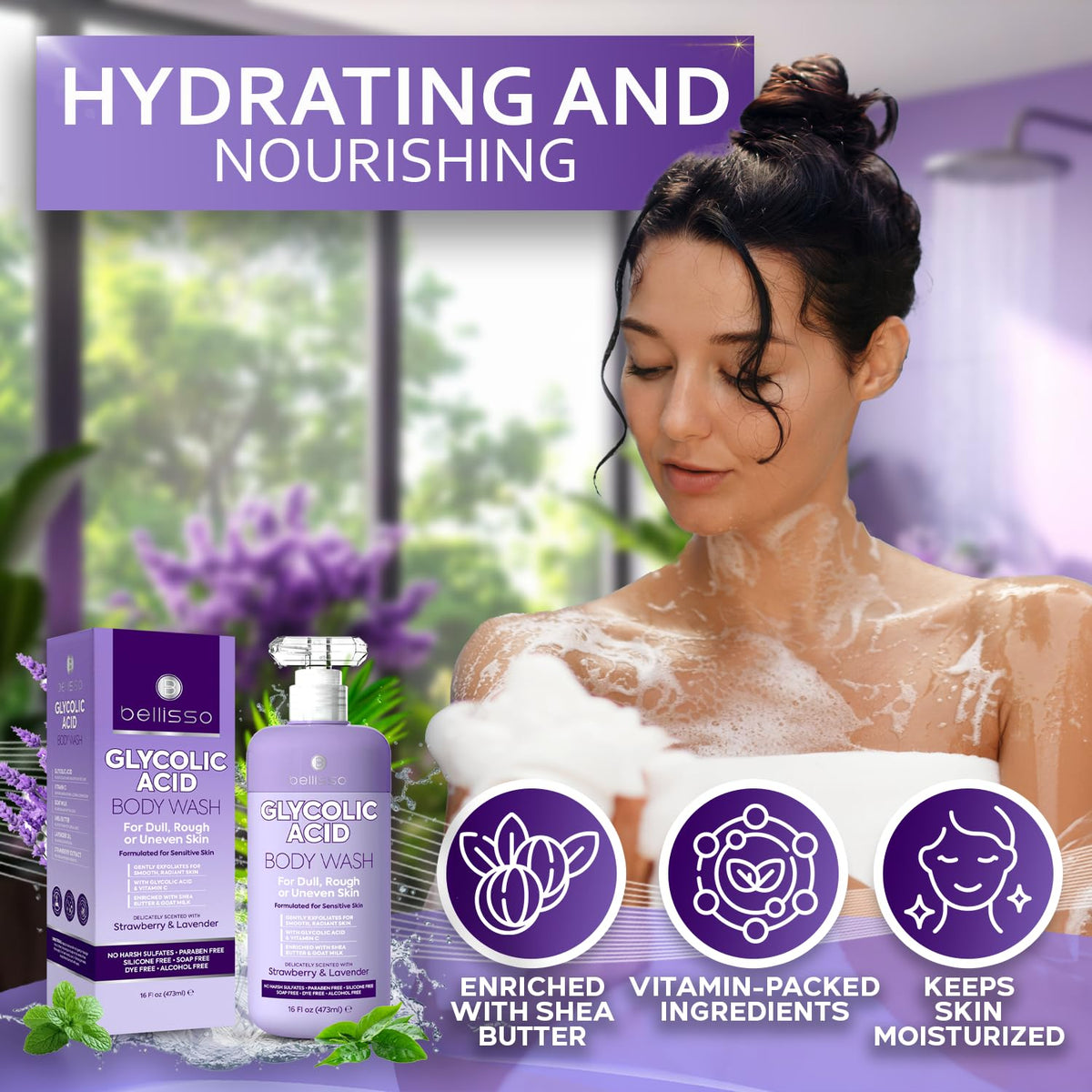 Bellisso 16 oz bottle on shelf communicates everyday exfoliation routine.