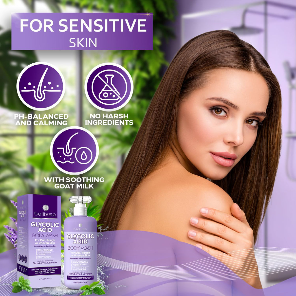 Bellisso Glycolic Acid Body Wash back acne view suggests pore cleansing action.