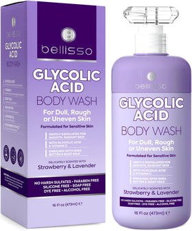 Bellisso Glycolic Acid Body Wash bottle pour showcases gentle exfoliation for smoother skin.
