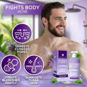 Bellisso Glycolic Acid Body Wash bumps KP close-up highlights targeted exfoliation.