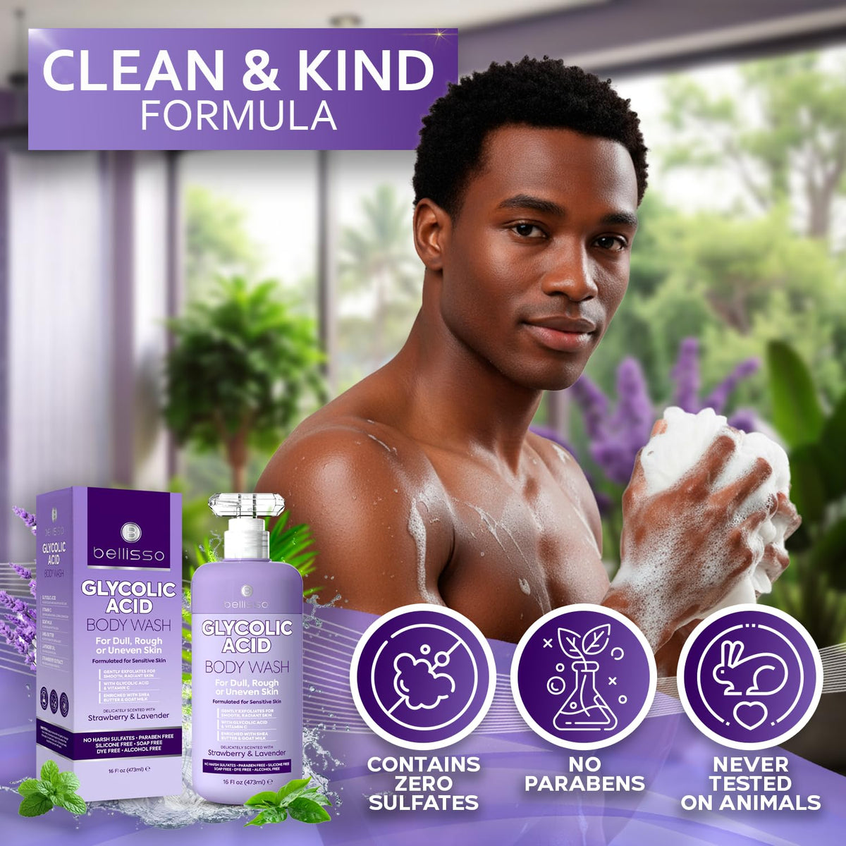 Bellisso Glycolic Acid Body Wash hydrates skin during exfoliation on display.