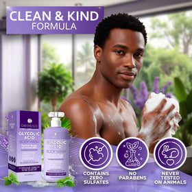 Bellisso Glycolic Acid Body Wash hydrates skin during exfoliation on display.
