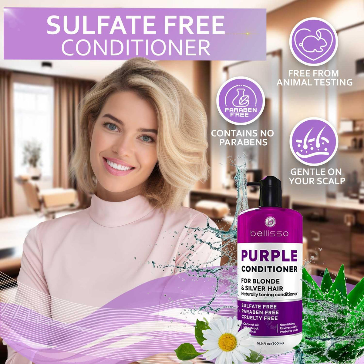 Bellisso purple conditioner after-tone on hair shows balanced blonde shade.
