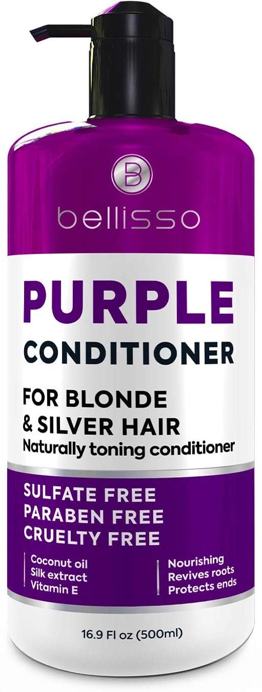 Bellisso purple conditioner bottle close-up showing sulfate-free toning for blonde hair.